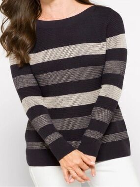 Market & Spruce Black/Navy and Cream Striped Knit Crewneck
